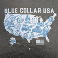 Gray t-shirt with 'Blue Collar USA' graphic design featuring a map of the United States and various blue icons.