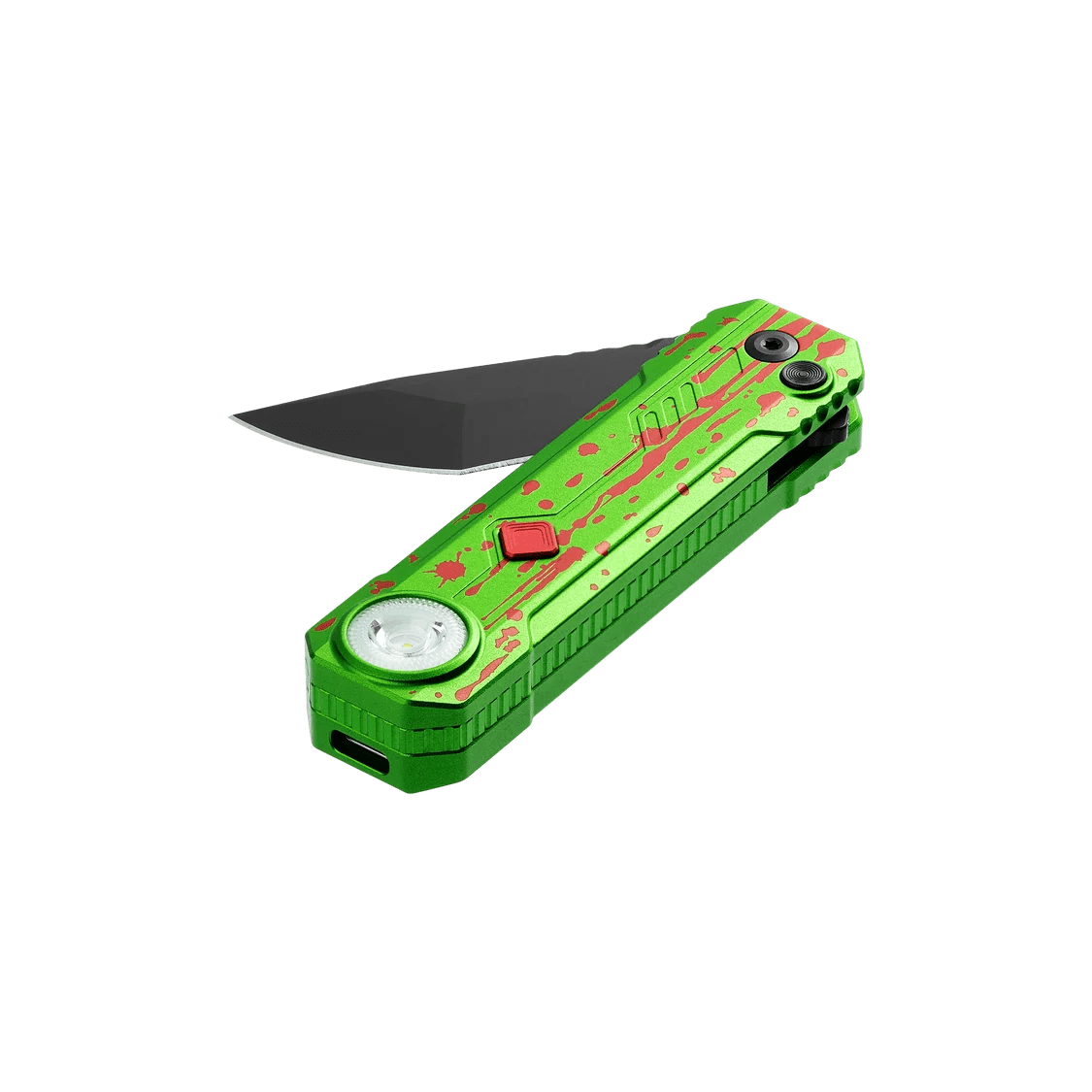 OKNIFE LK Zombie Green Folding Knife with Rechargeable Flashlight & RGB Light - Meridian EDC | Laserworks - OKNIFE LK Zombie Green Folding Knife with Rechargeable Flashlight & RGB Light