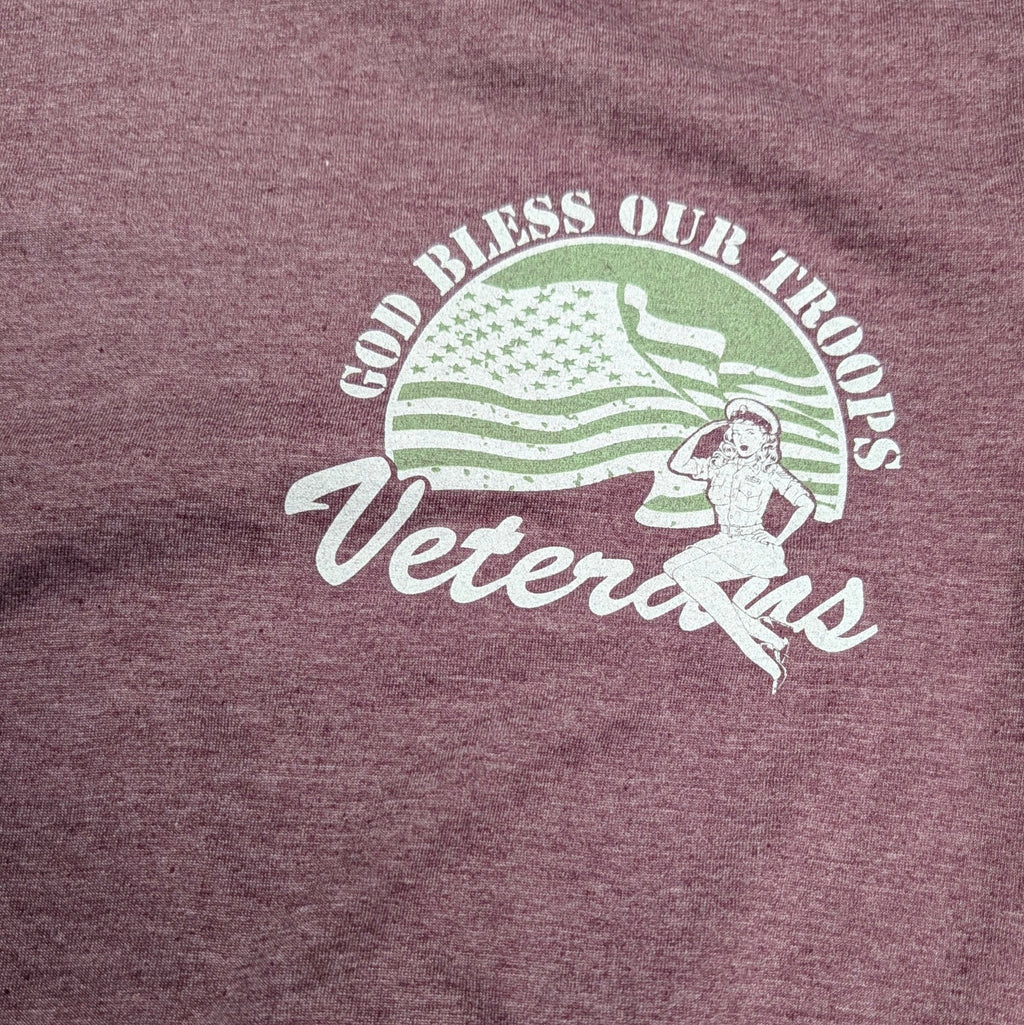 The "22 A Day" Premium Veteran Awareness Tee - Meridian EDC | Laserworks - Maroon t-shirt with 'God Bless Our Troops Veterans' graphic on a plain background