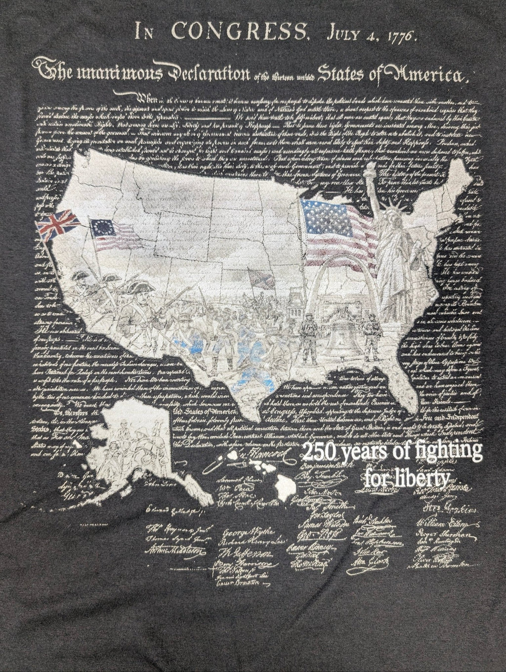 The "250 Years of Liberty" Premium Graphic Tee - Meridian EDC | Laserworks - Black t-shirt with a detailed map design and text on a dark background