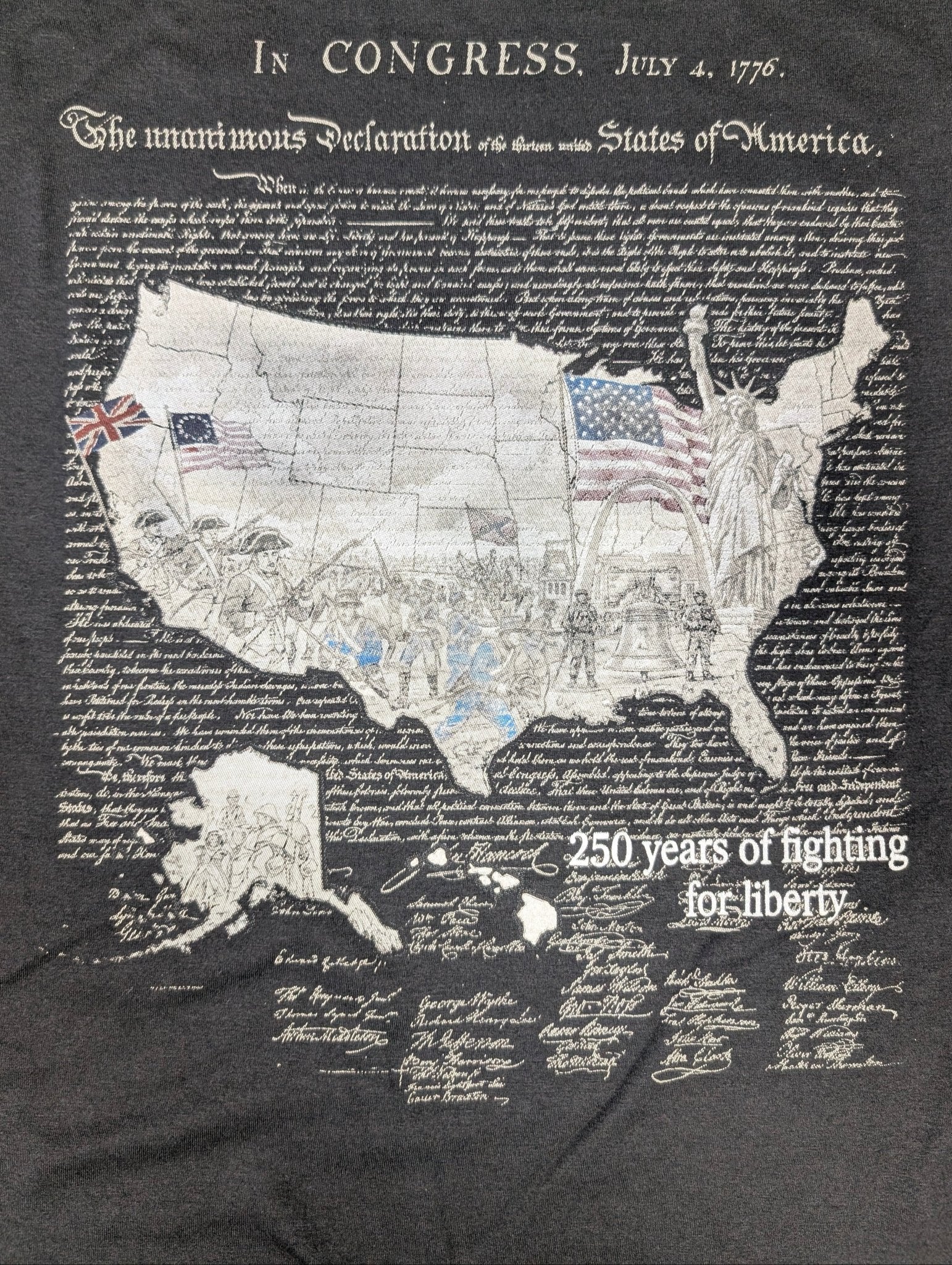 The "250 Years of Liberty" Premium Graphic Tee - Meridian EDC | Laserworks - Black t-shirt with a detailed map design and text on a dark background