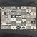 The "250 Years of Liberty" Premium Graphic Tee - Meridian EDC | Laserworks - Black t-shirt with a pattern of small flags and text on a dark background