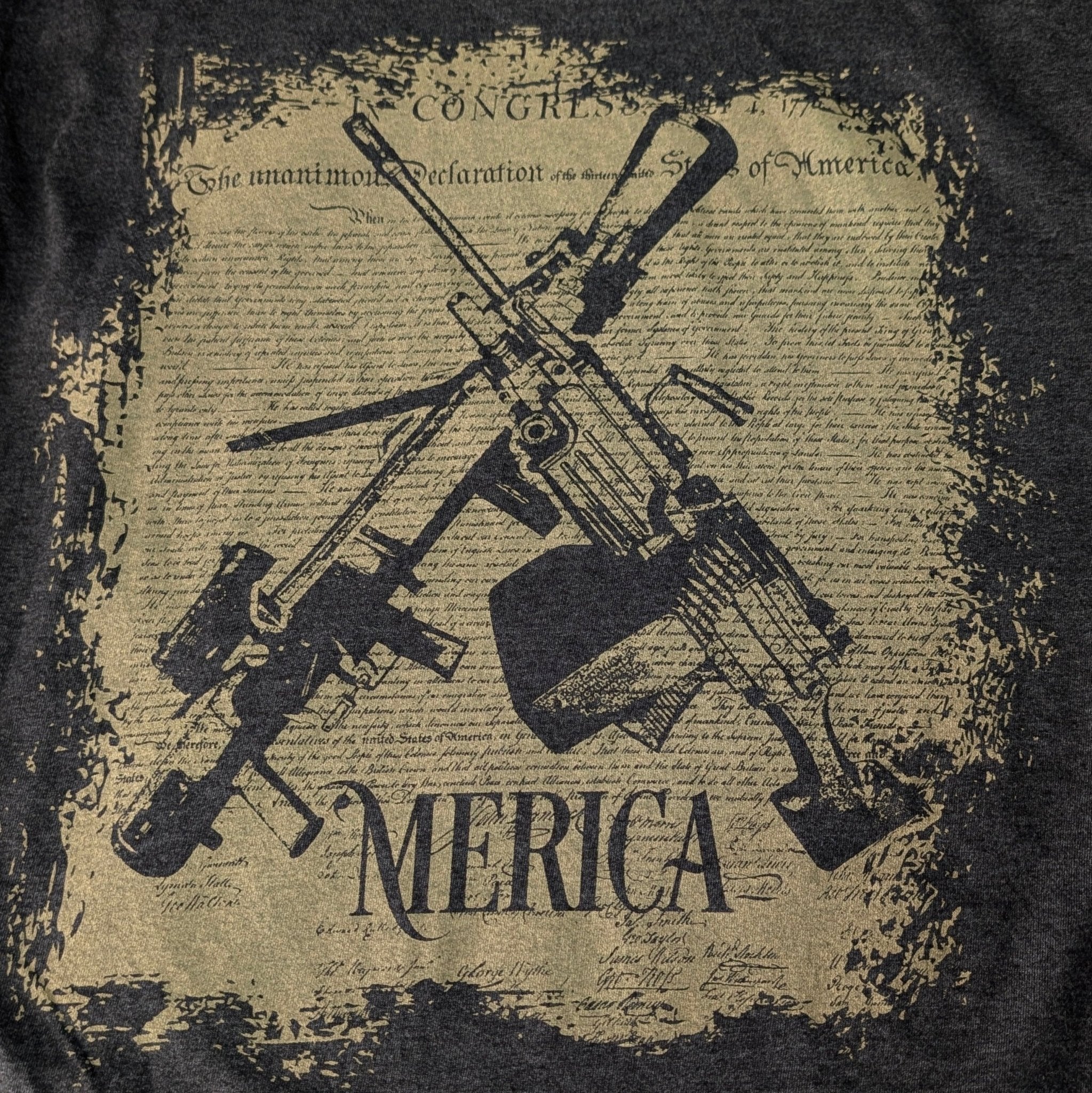The "American Resolve" Premium Graphic Tee - Meridian EDC | Laserworks - Black t-shirt with graphic design and 'MERICA' text on a plain background