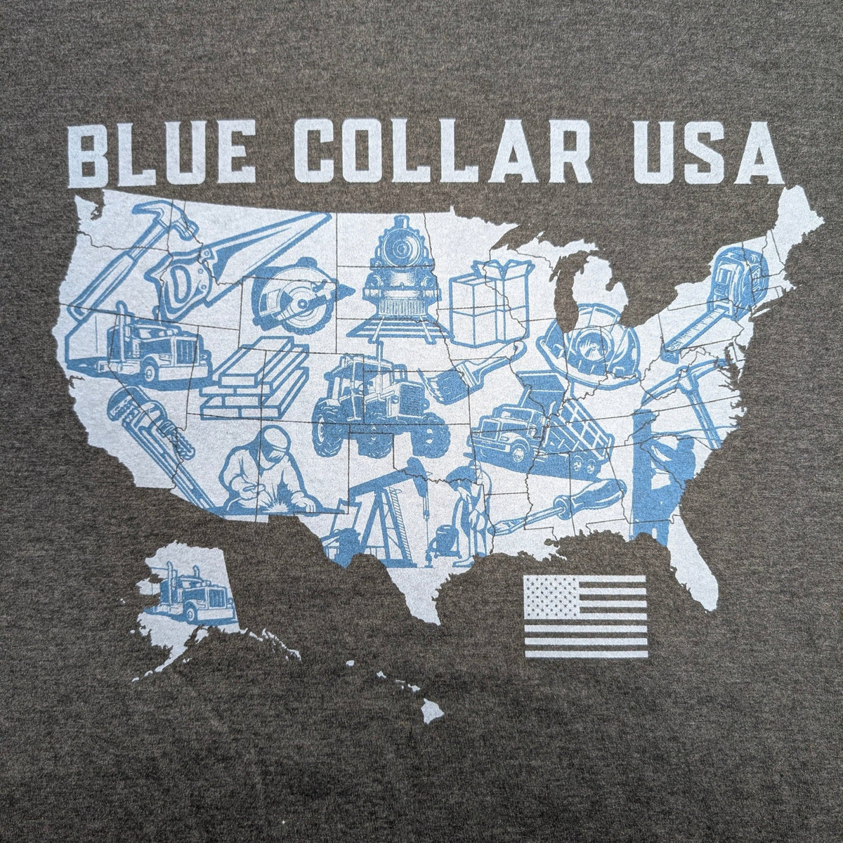 The "Blue Collar USA" Premium Graphic Tee - Meridian EDC | Laserworks - Gray t-shirt with 'Blue Collar USA' graphic design featuring a map of the United States and various blue icons.