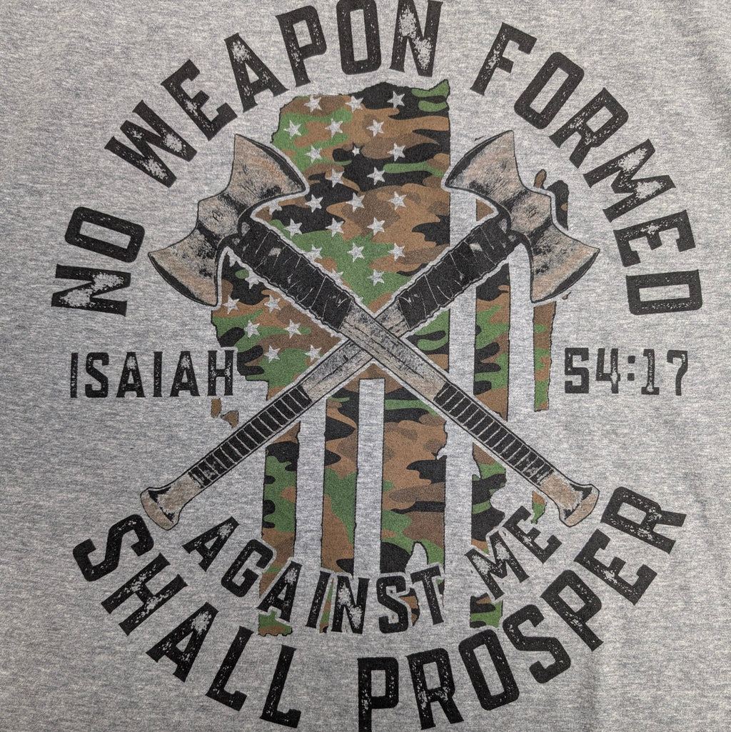 The "Faith & Fortitude" Premium Graphic Tee - Work Hard, Pray Hard - Meridian EDC | Laserworks - Gray t-shirt with crossed axes, camouflage pattern, and Bible verse 'No weapon formed against me shall prosper' on a gray background.