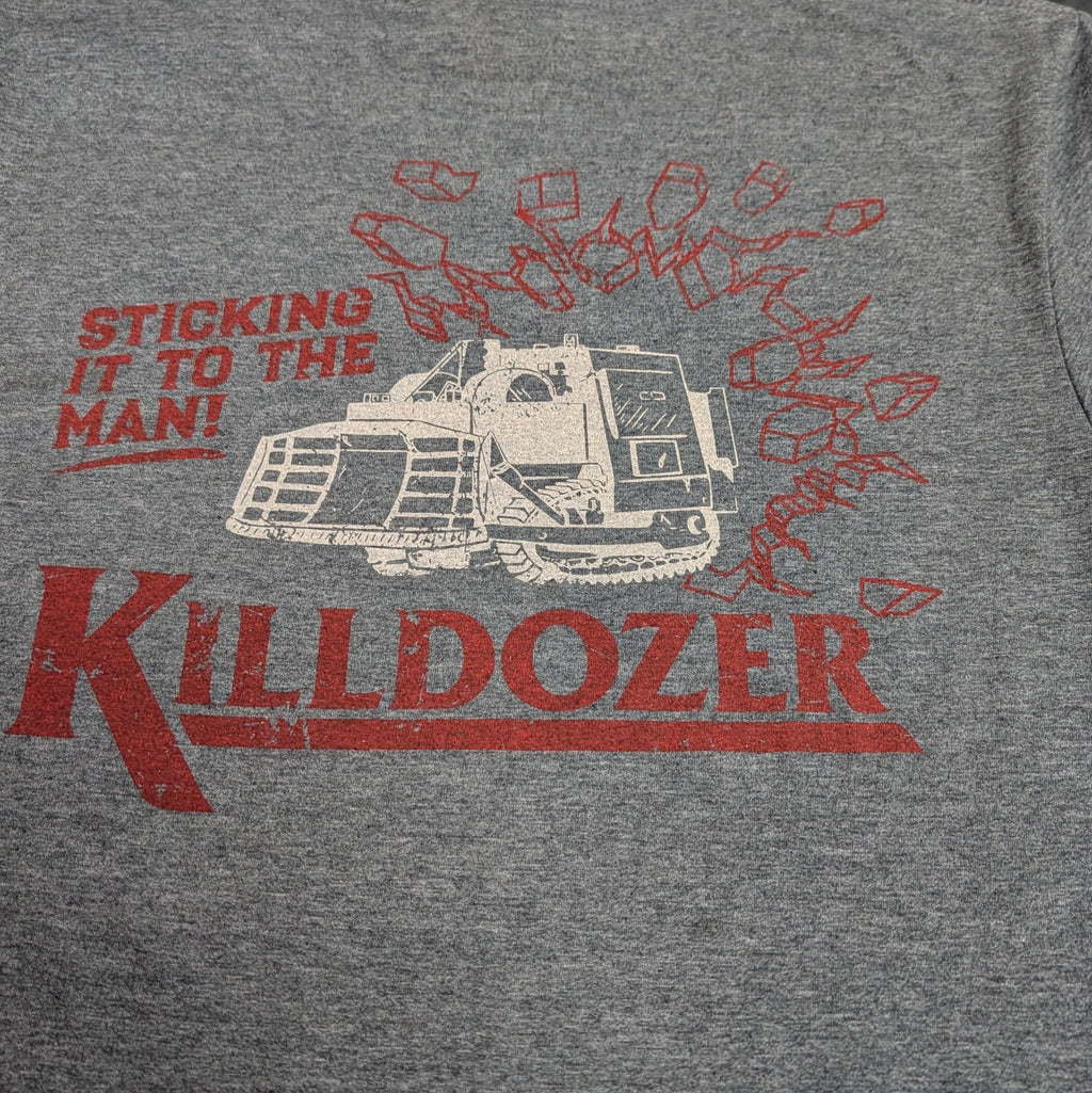 The "Killdozer: Give No Quarter" Premium Graphic Tee - Meridian EDC | Laserworks - Gray t-shirt with red and white graphic design and text on a plain background