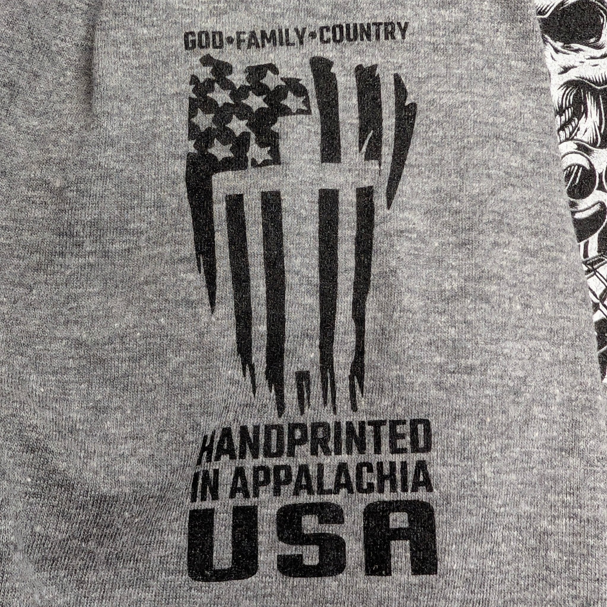 The "Patriotic AF" Premium Graphic Tee - Meridian EDC | Laserworks - Gray sweatshirt with black graphic design and text on a gray background