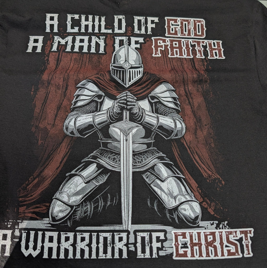 The "Warrior of Christ" Premium Graphic Tee - Meridian EDC | Laserworks - Black t-shirt with a graphic of a knight holding a sword and text.